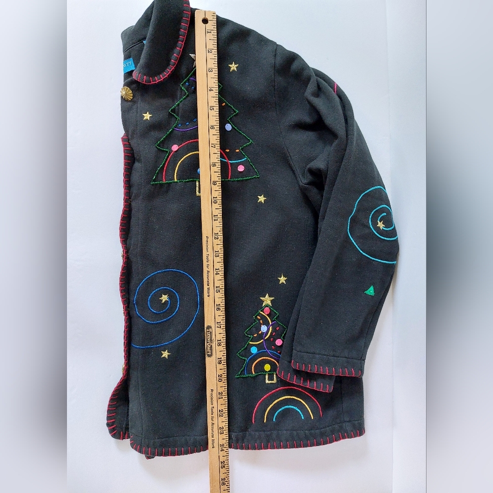 Black Fleece Christmas Jacket Beaded Trees & Spirals Karen Scott XL - Picture 5 of 5
